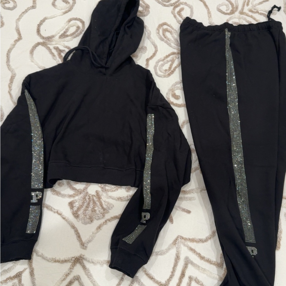 PINK Victoria's Secret Black Rhinestone Stripe Sweat Set